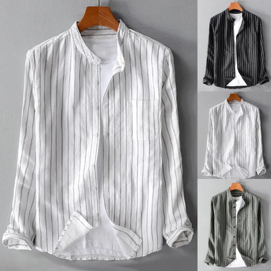 Plus Size 4XL 5XL Cotton Line Shirts Men Casual Multicolor Striped Long Sleeve Fashion T Shirts