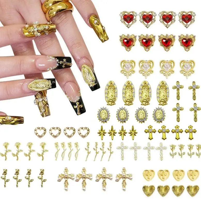 72pcs Gold Nail Charms Set with Gold Cross, Hearts, Rose