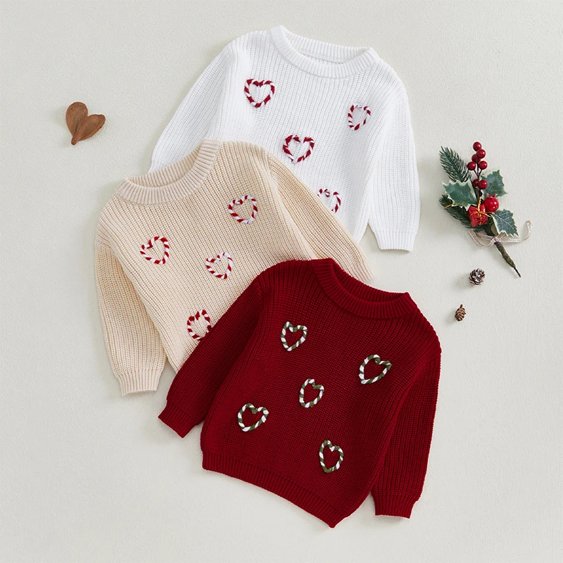 Pudcoco Baby Girls Boys Christmas Sweaters Long Sleeve Heart Shaped Candy Cane Embroidery Knit Pullovers Infant Jumper Tops 0-3T