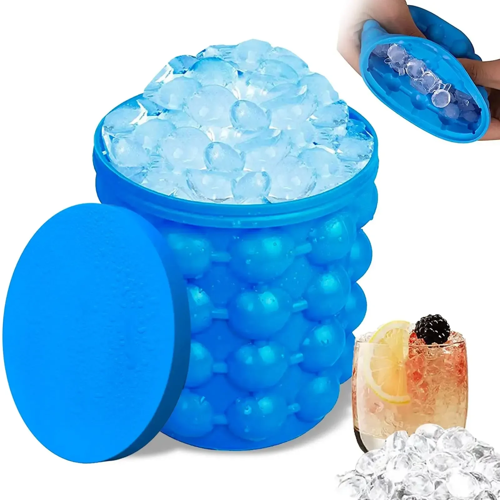 Ice Cube Mold Ice Tray Large Silicone Bucket (2-In-1) Cube Maker Circular Portable (Dark Blue) Suitable For Summer