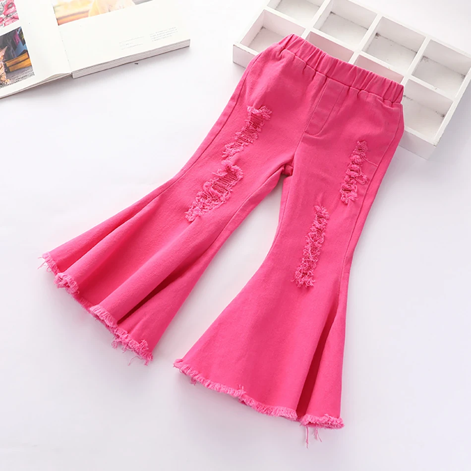 

2024 New Girls Denim Bell Bottomed Pants European American Solid Color Distressed Pants Stylish Tight Elastic Children Clothing