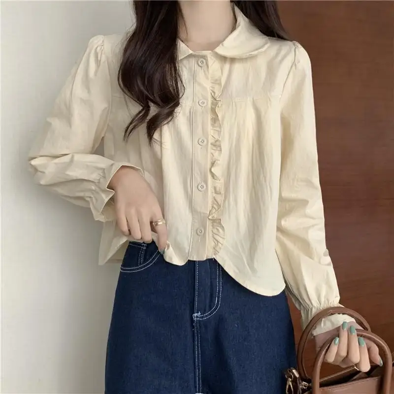 Women's Wooden Ear Doll Collar Shirt Fall and Winter Outer Wear Design Sense Niche Cute Youth-Looking Long Sleeve Chic Short Top