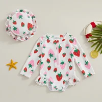 Toddler Baby Girls Swimsuit Swimming Suit Princess Strawberry Print Long Sleeve Bikini with Hat Newborn Swimwear for Summer 3