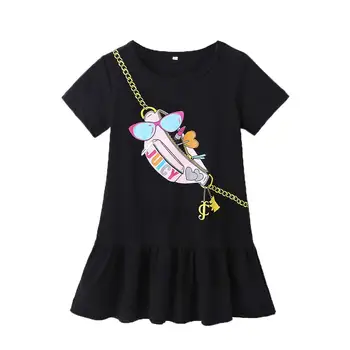 Baby Girl Casual Dress Cotton Short Sleeves Ruffled T-Shirt Dresses with Cute Pattern Black Summer Girl Dress 1