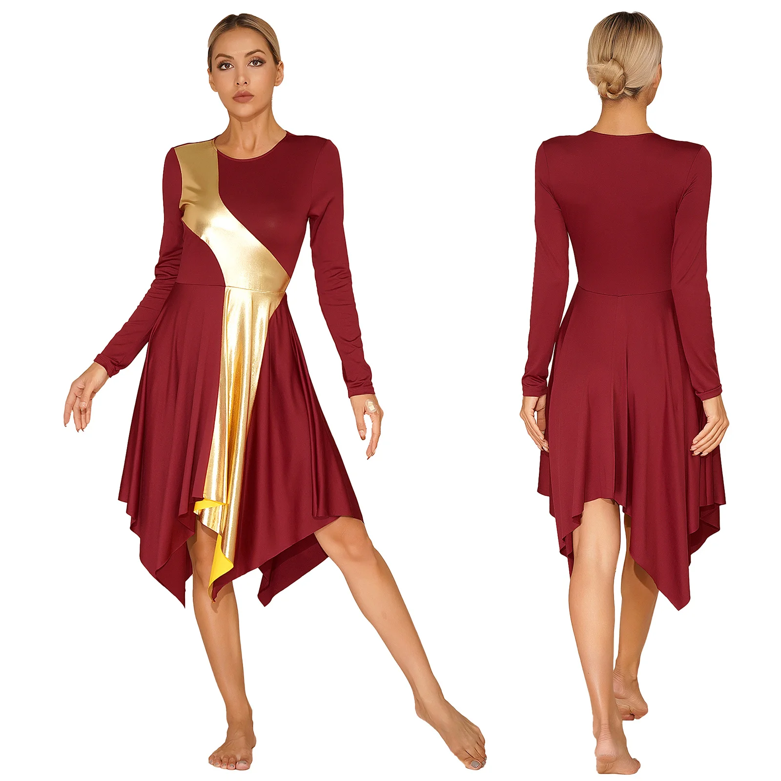 IBAKOM Vestido Largo De Baile De Alabanza Para Mujer, Color Dorado, Metálico, Alto Y Bajo, Disfraz De Adoración Litúrgica, Túnica De Baile Lírico, Azul Oscuro Alto-bajo, Pequeña