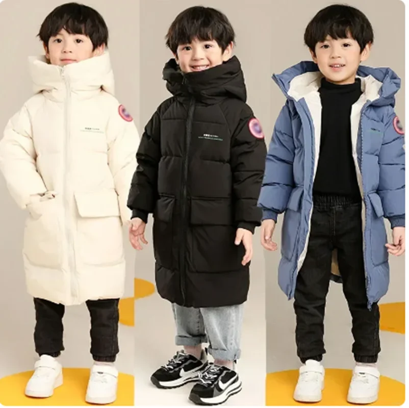 

2024 New Winter Boys Jacket Solid Color Mid-Length Keep Warm Cold Protection Hooded Down Cotton Windbreaker Coats For