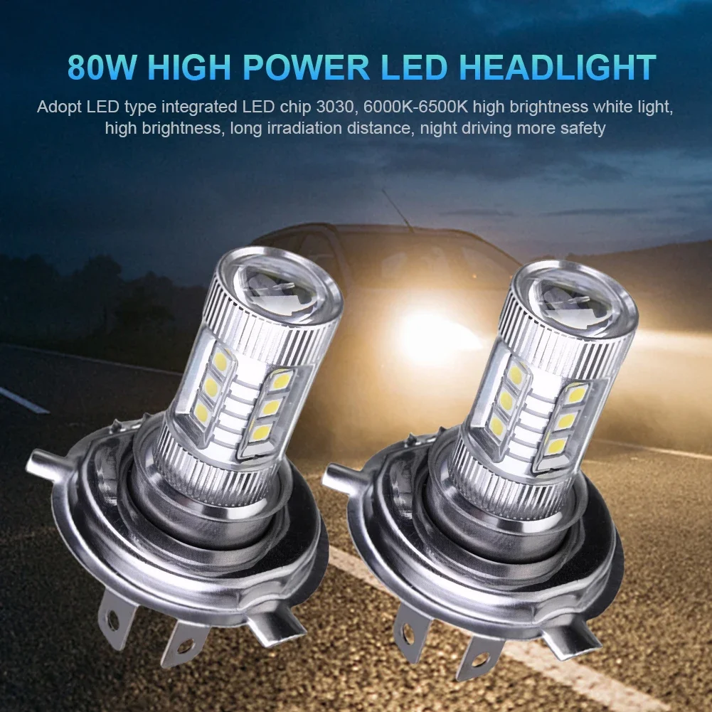 1/2pcs Super Bright H4 LED Headlight Bulb 6000-6500K High Low Beam LED Fog Lamp 4000LM 80W 12V Waterproof Auto Headlight