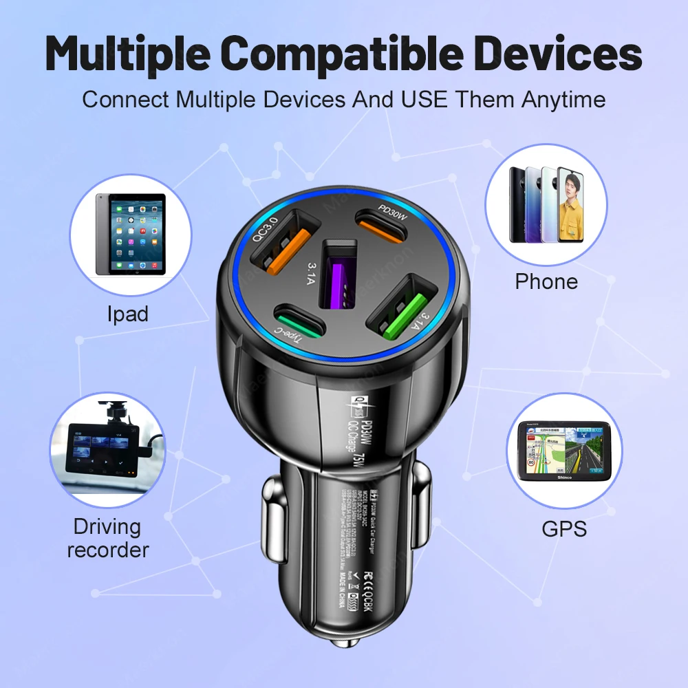 5 Ports USB Car Charger 75W PD Type C Fast Charging Charger In Car For iPhone Sa
