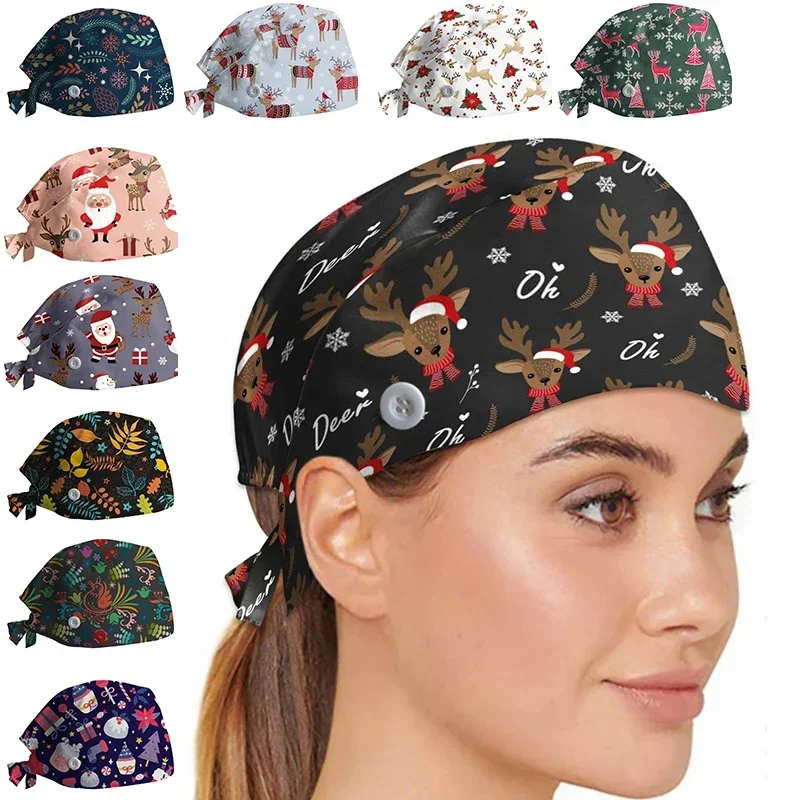 

Christmas Scrubs Caps Santa Claus Print Cap Pet Grooming Agency Work Scrubs Hat Beauty Work Hats Lab Nursing Cap