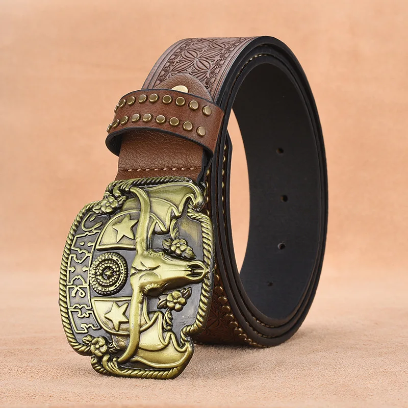 Personalized Fashion Luxury Men's Belt Cow Head Button Head Rivet Trendy Handsome Retro Embossed Alloy Belt Clothing Accessories
