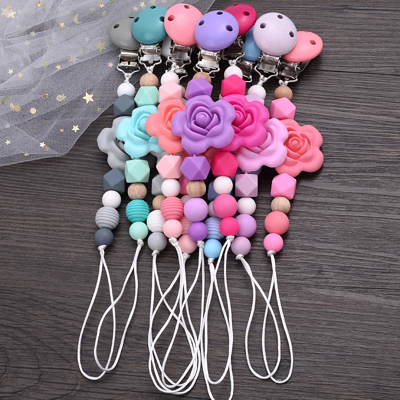 Baby Teether Pacifier Chain Silicone Wood Beads Pacifier Clips Infant Nipple Appease Soother Chain Clip Dummy Holder Nipple Clip 3