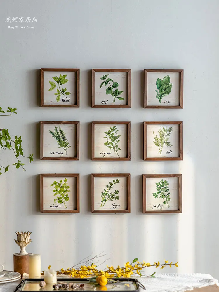 

Vintage American Style Herb Prints Set of 9 Botanical Plant Pictures Kitchen Wall Photo Wooden Frames Gallary Home Decoration