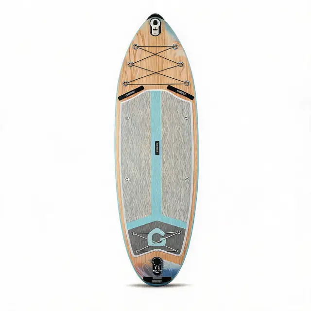 Inflatable Stand Up Paddle Board With Stable Non-Slip EVA Deck Gradient Light Wood Grain Design Tri-Fin System High Weight Capacity And Complete Kit Including Paddle Backpack Pump For Family Water Sports