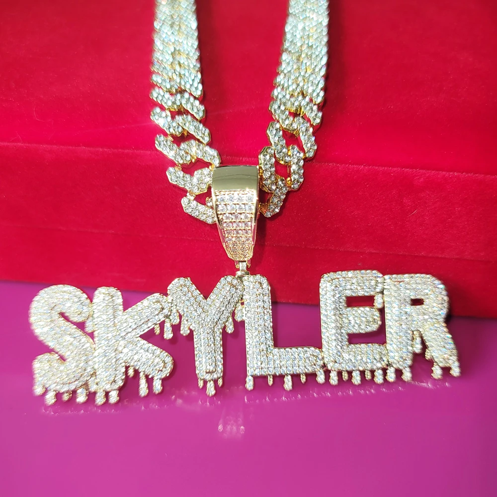 Icy Drip Letters Name Pendant, Custom Nameplate with Sparkling Cuban Chain, Personalized Name Choker, Prom Jewelry for Her