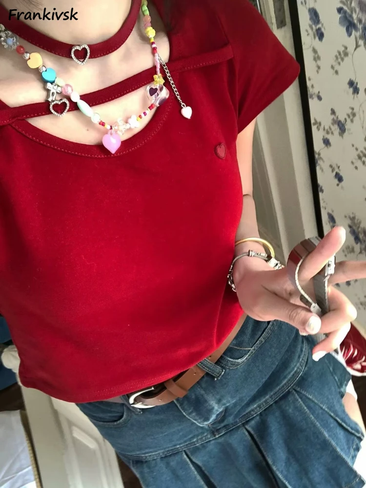 

Футболка женская летняя однотонная с вырезами, модная Милая универсальная уличная одежда с круглым вырезом, облегающая дышащая шикарная одежда с небольшим поясом