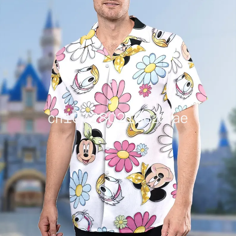 

New Disneyland Collection Icons Hawaiian Shirt Men Button Up Shirt Mickey Minnie Hawaiian Shirt Fashion Beach Short Sleeve Shirt