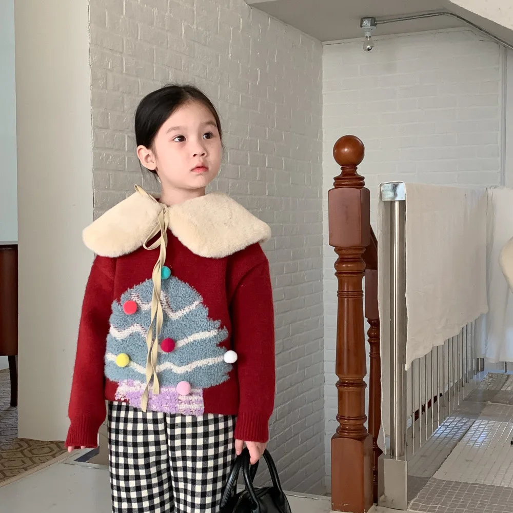 

Children Clothing 2022 Autumn Winter New Fashionable Korean Style Round Neck Christmas Sweater for Girls Loose and Thick Clothes