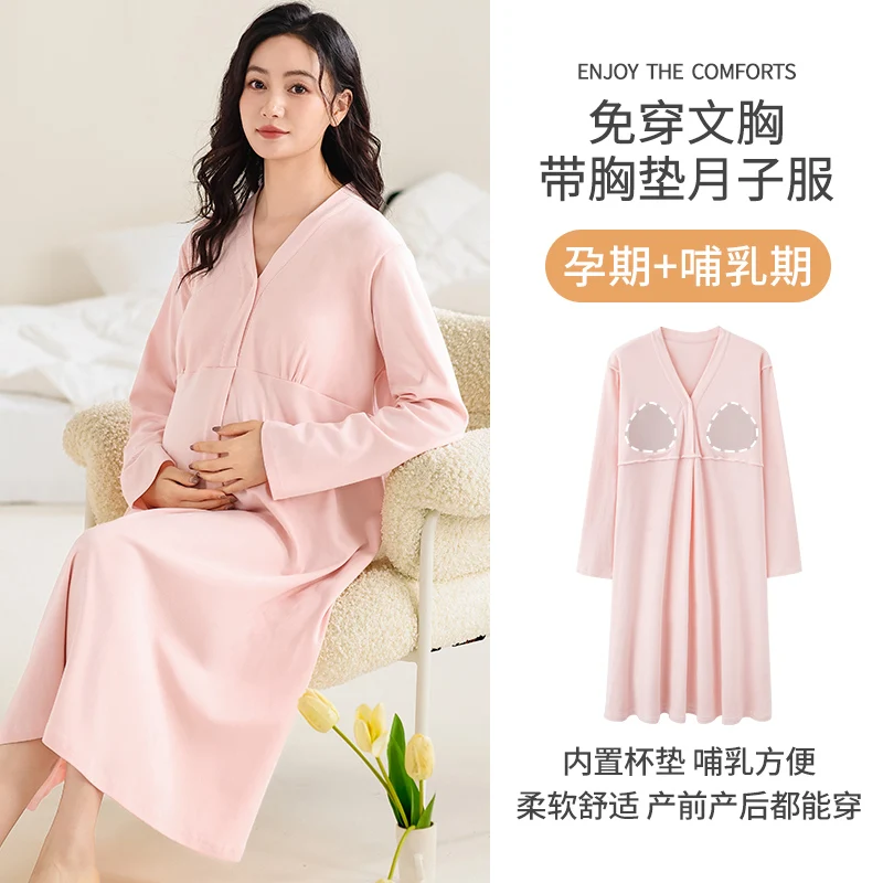 Nursing-Friendly Pajamas Solid Color Cotton Nursing Dresses Nightgown with Pads Long Sleeve Maternity Nightwear Pyjamas Hospital cotton pajama set breastfeeding nightgown maternity nightgown set