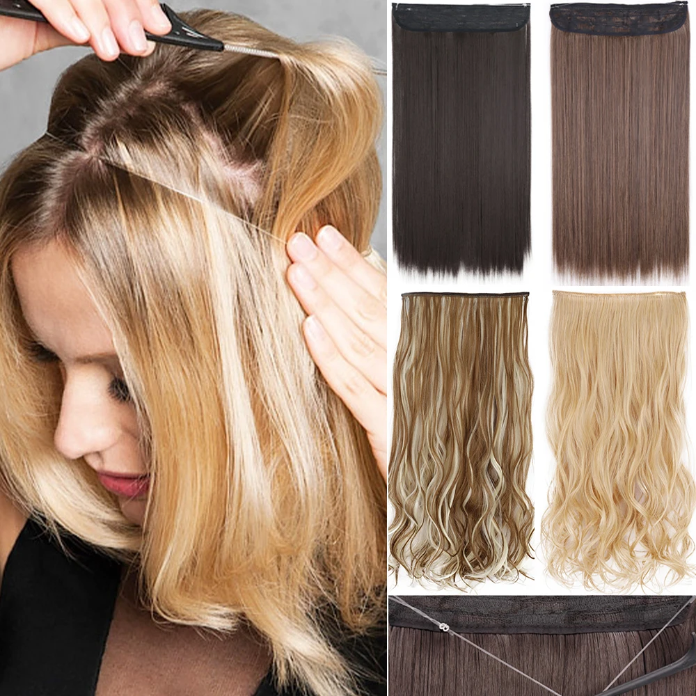 

MERISIHAIR Synthetic Wavy Long No Clips Invisible Wire Hair Extensions 16 22 32" Black Brown One Piece Hairpiece Hair Extension