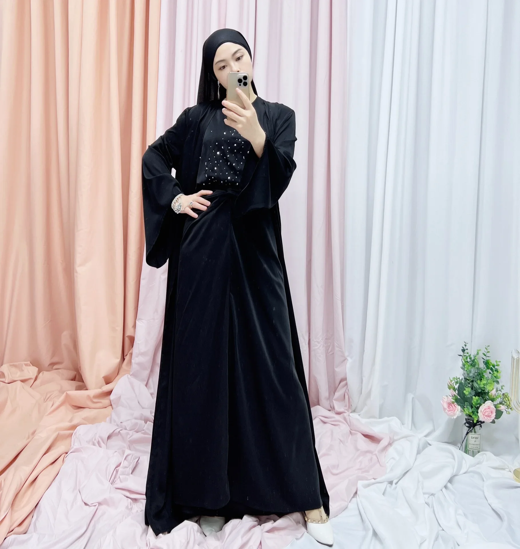 3 Piece Abaya Kimono Matching Muslim Sets Nida Beads Abayas for Women Dubai Turkey Hijab Dress + Wrap Skirt Islam Modest Outfit