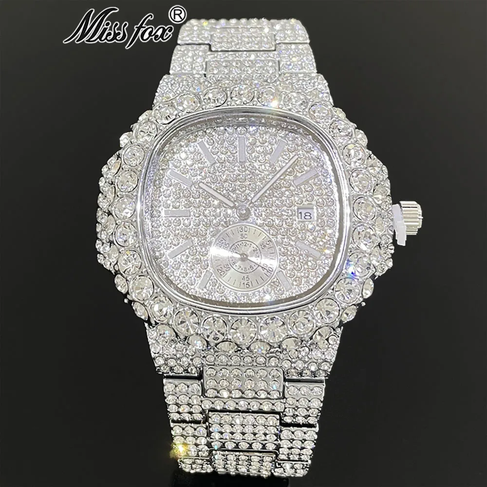 MISSFOX Luxury Men's Gold Watches Automatic Date Fashion Waterproof Clock Hip Hop Full Iced Diamond Quartz Wrist Watch Man Reloj