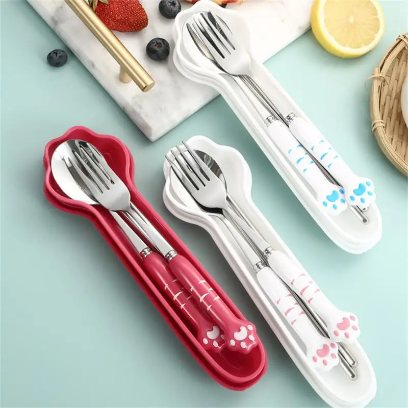 Cutlery set western style cutlery set picnic cutlery set stainless steel cutlery set Cat Paw Cutlery Set Stainless Steel Fork Spoon Chopsticks Storage Box Dinnerware Tableware Silverware Lunch Bento Accessories