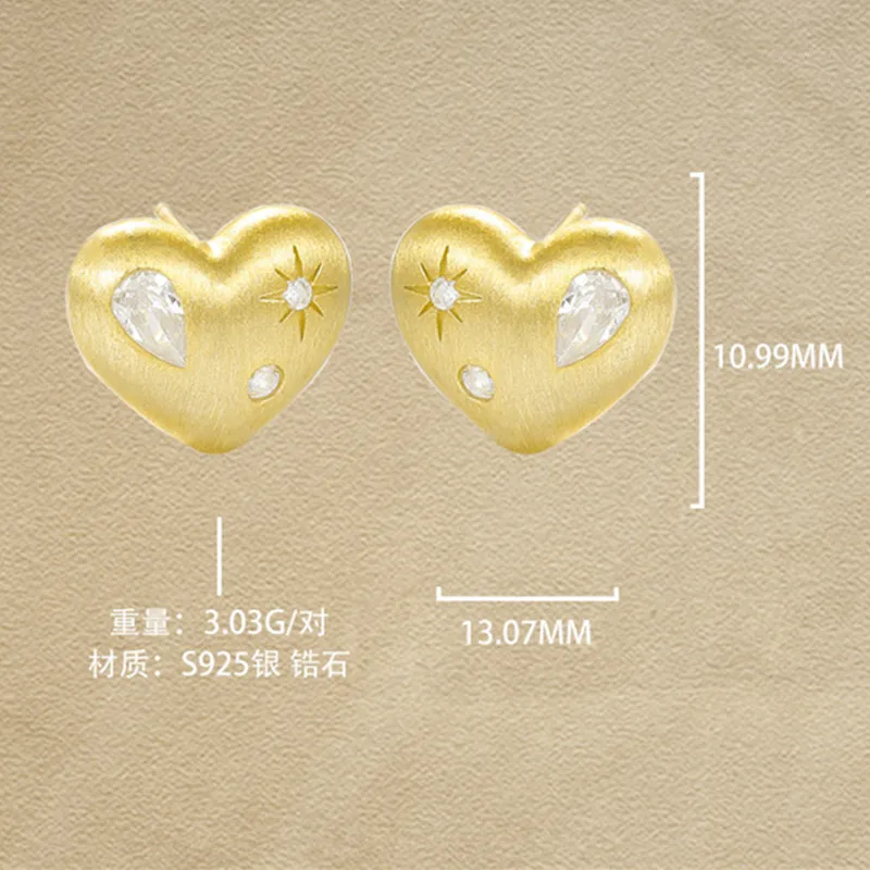 Sterling silver earrings, women's 18k gold plated heart-shaped zircon frosted earrings, popular fashion jewelry, holiday gifts