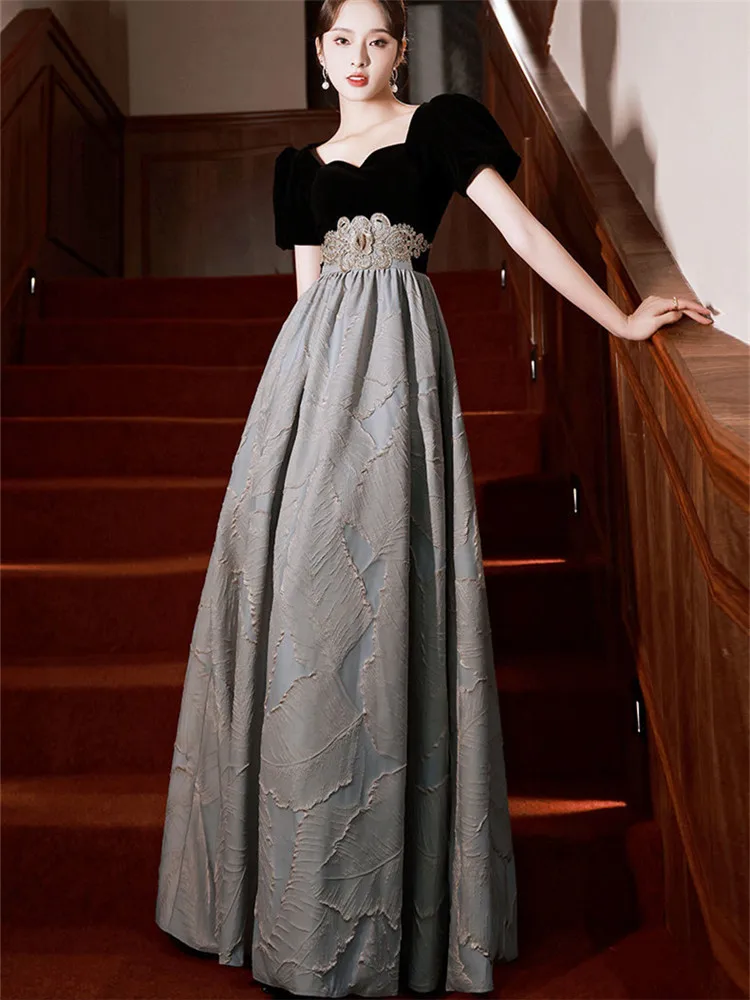 

Dress Spring and Summer New Stitching Embroidery Square Collar Short Sleeve Long A-line Skirt Elegant Slim Women's Clothing M142