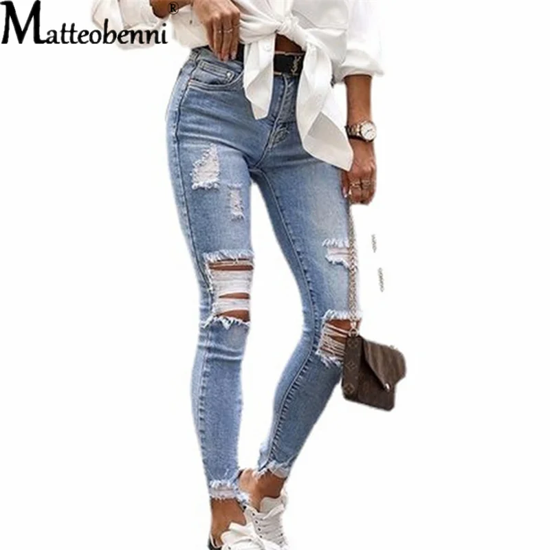 Summer 2022 Ripped Light Blue Jeans Women's Slim Knee Cut  Hole Length Casual Pencil Pants Retro Jeans