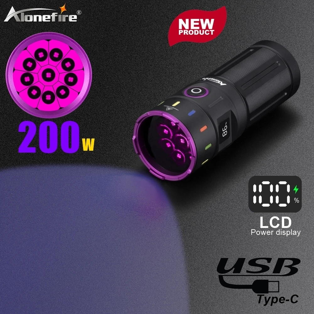 200W 365nm LED UV Flashlight Powerful Blacklight Torch USB Rechargeable for Catdog Tinea Urine Stain Scorpion Money Ultraviolet