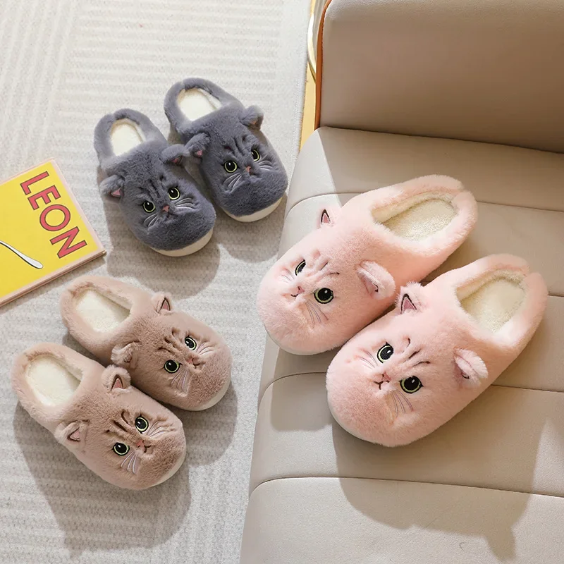 Winter Home Slippers Women Shoes Cute Cartoon Cat Slippers Men Warm Plush Slides Indoor Bedroom Non-Slip Floor Slipper — view 3