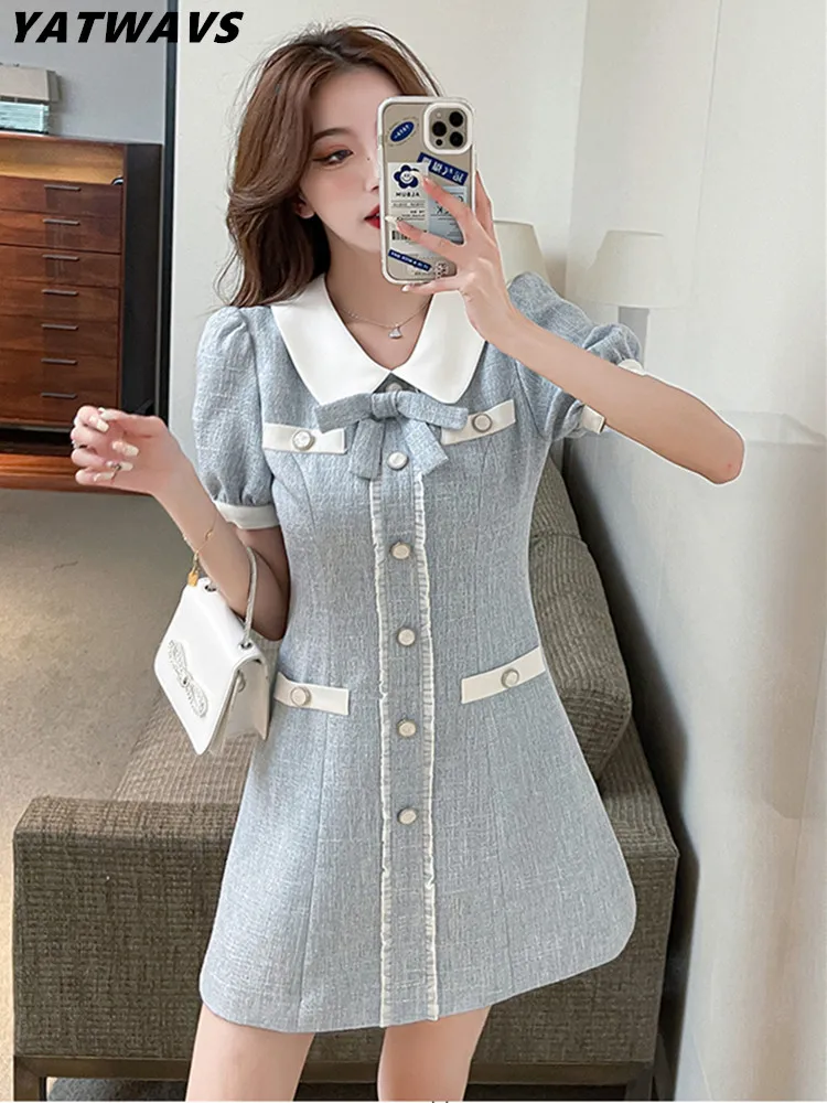 High Quality French Vintage Short Sleeve Tweed Dress Women Korean Fashion  Casual Woolen Summer Dresses Elegant Party Vestidos| | - AliExpress