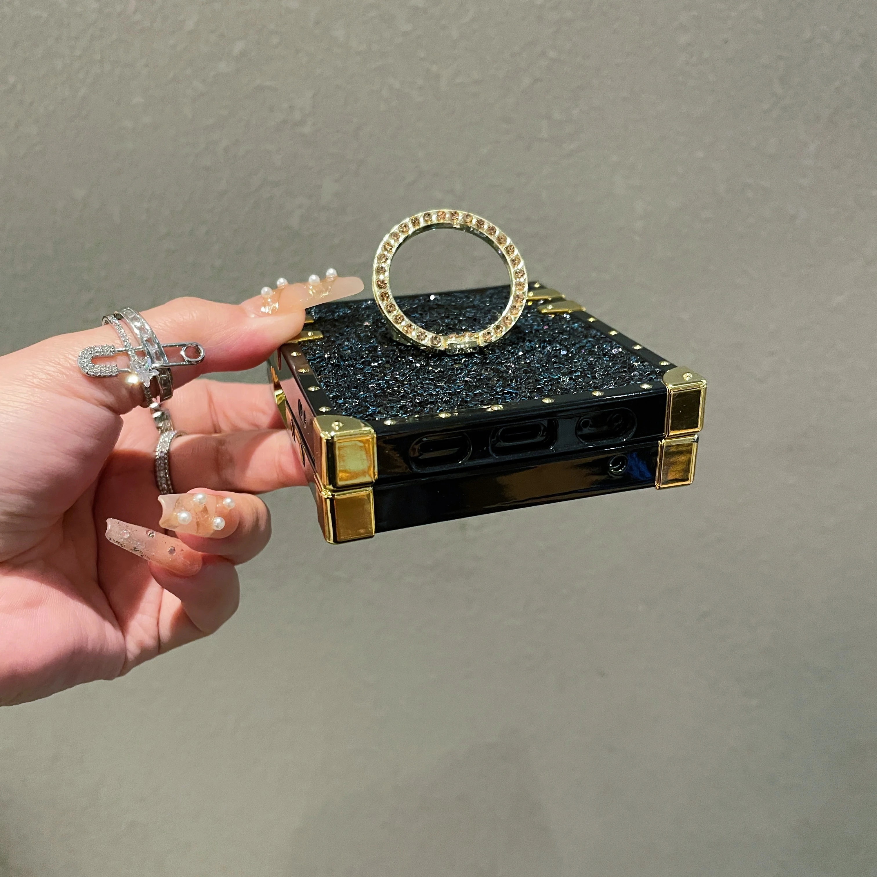 Sparkling Gold Faux Rhinestone Leather Phone Case with Shiny Ring Holder