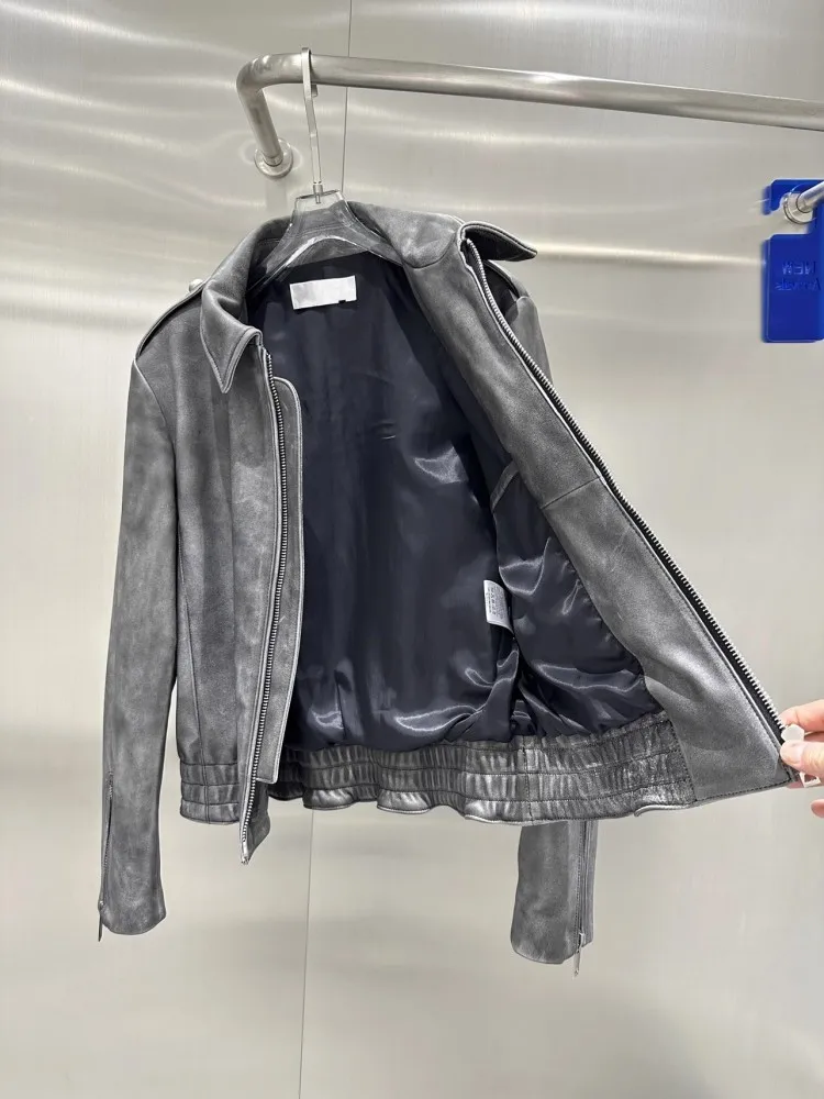 Runway Designer Women Vintage Real Cowhide Jacket Motorycle Biker Genuine Leather Coat Luxury Autumn Winter Natural Leather Coat