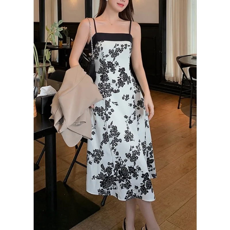 

French Floral Womens Dress 2024 Summer Dress New Slip Dress for Evening Elegant Korean Chic Sexy Black Midi Ladies Dresses
