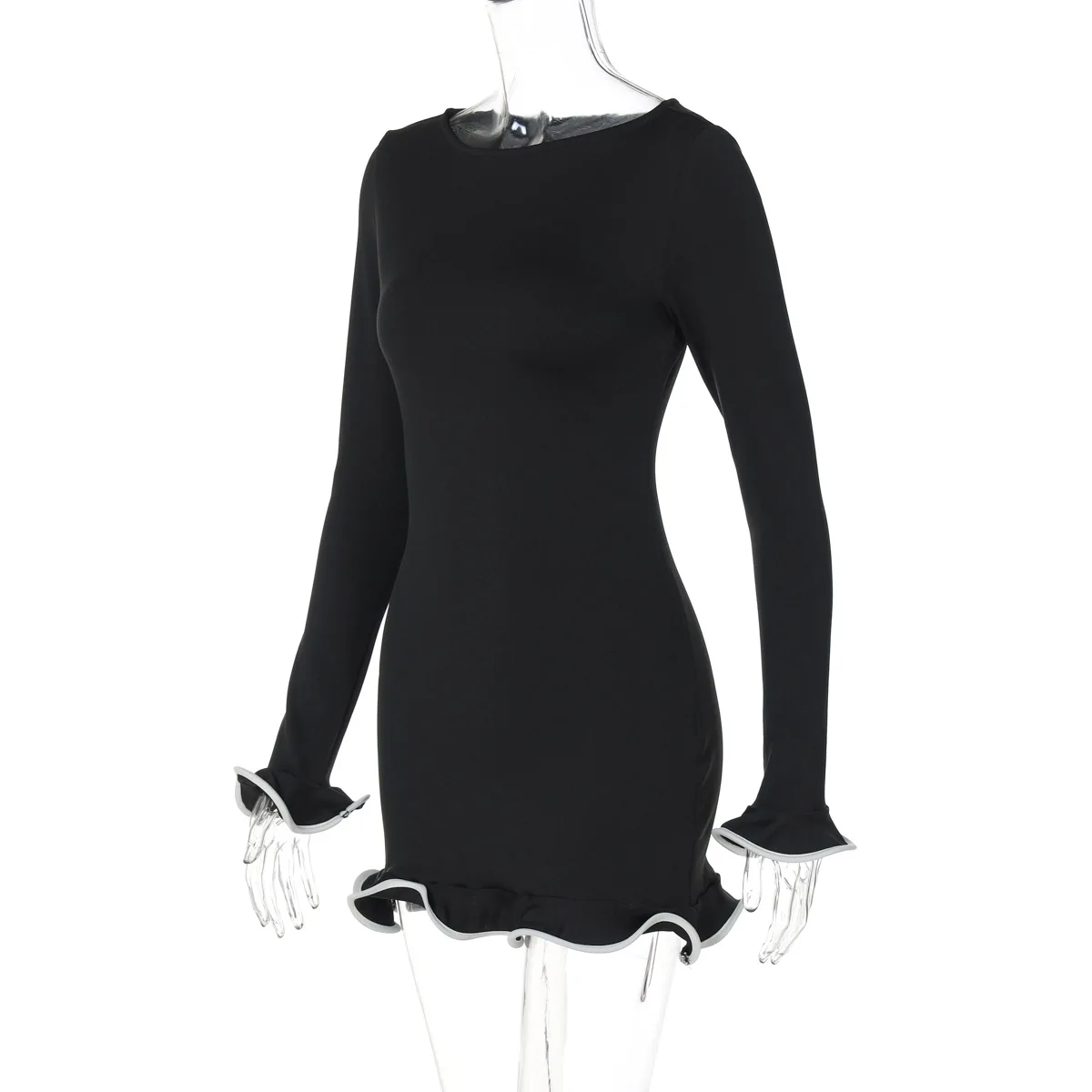 Lyegns O Neck Ribbed Knit Long Sleeve Ruffles Mini Dress Fall Elegant Y2K Streetwear Evening Casual Dress Fashion Wholesale