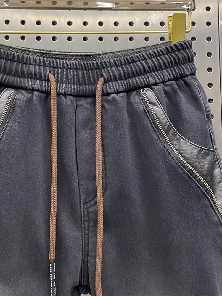 Harajuku Style Skinny Jeans Leather Stitching Multi-zip Pants High Quality Brand Men's Clothing 6