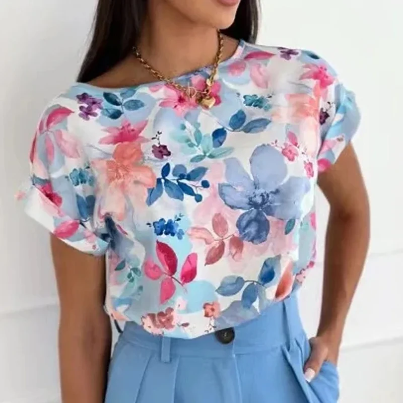Women's Short Sleeve Printed Blouse O-Neck Casual Tops Vintage Floral Loose Shirt Ladies Summer 2025 New 8639