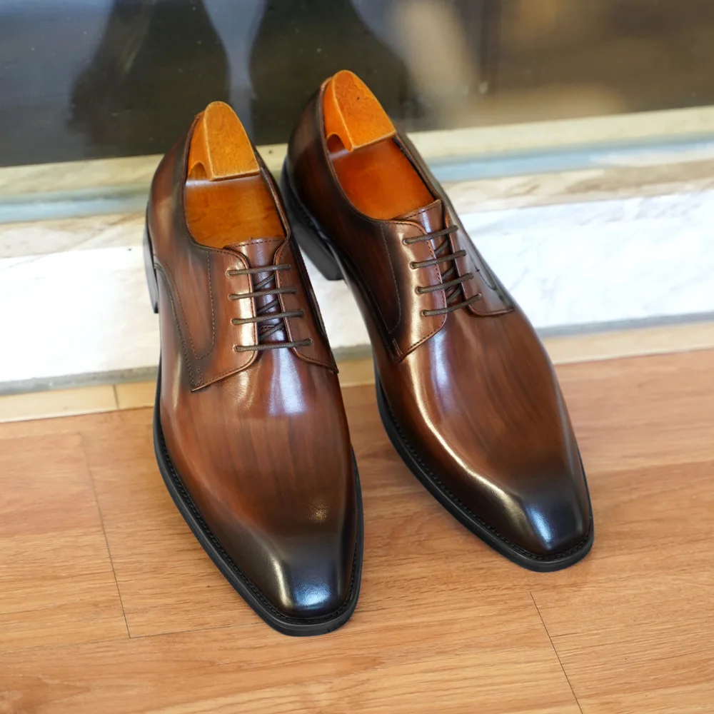Wood Grain Derby Shoes Fashion Formal Shoes for Man Business Dress Square Toe Rubber Social Men's Shoe Stitching Oxfords mens leather dress shoes