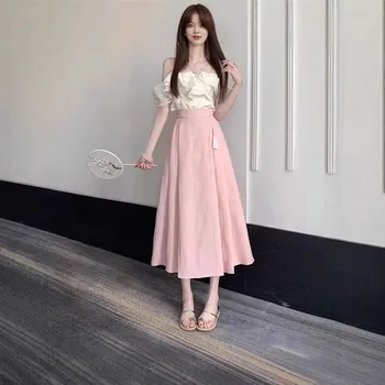 Elegante gonna midi in stile cinese ricamata con elastico in vita, gonna a pieghe a cavallo modificata che snellisce, per donne di statura minuta
