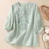 Cotton Linen Flower Embroidery Shirt Women Three Quarter Sleeves V Neck  Casual Blouse Loose Solid Color Mother Blouse Women Top 4