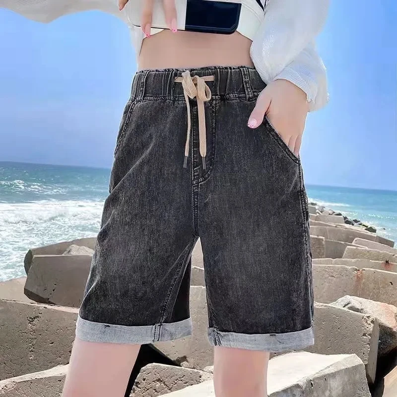 Plus Size Denim Women's Shorts 2024 Summer New Solid Thin Elastic Waist Curled Loose Casual Straight Leg Pants Ropa De Mujer