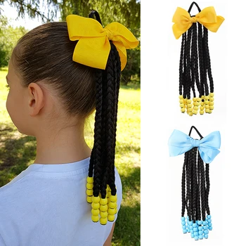 Extension per capelli a coda di cavallo intrecciata per bambine con perline e fiocco, coda di cavallo intrecciata per bambine con perline
