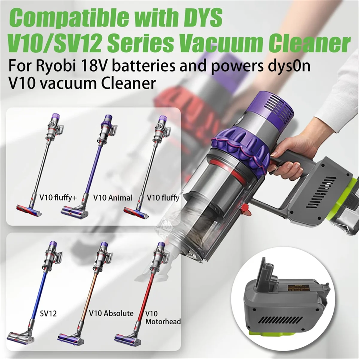 V10 RYO18V10 어댑터 18V ONE + 배터리 용 V10 무선 진공 청소기 스틱 사이클론 절대 변환