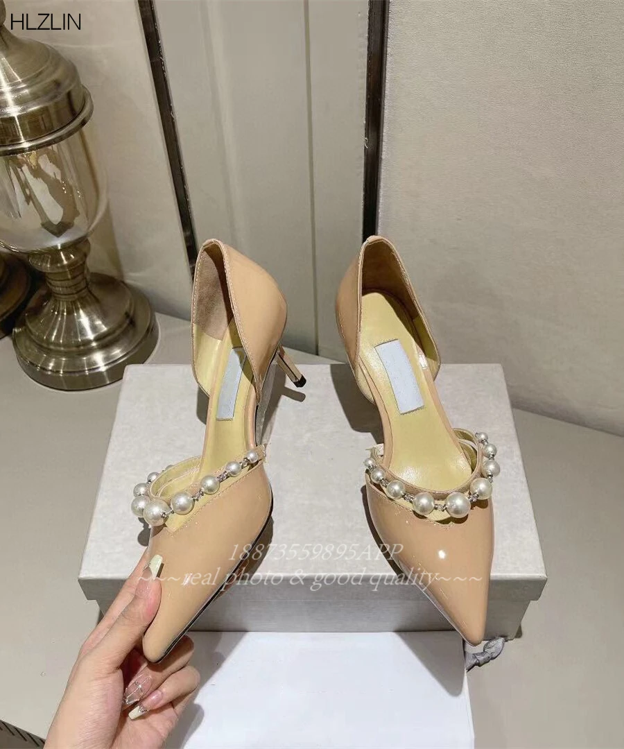 

2024 Europe and the United States spring and summer new hollow high heels fashion pearl pointed wedding shoes French single