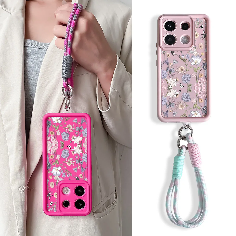 Whimsical Bird and Butterfly Floral Phone Case with Wrist Strap Lanyard