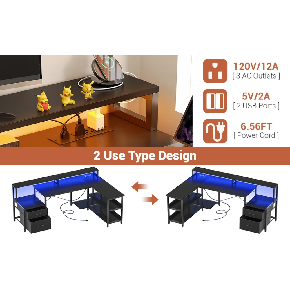 L Shaped Desk with File Drawer Reversible Home Office Desk Gaming Desk Corner Desk