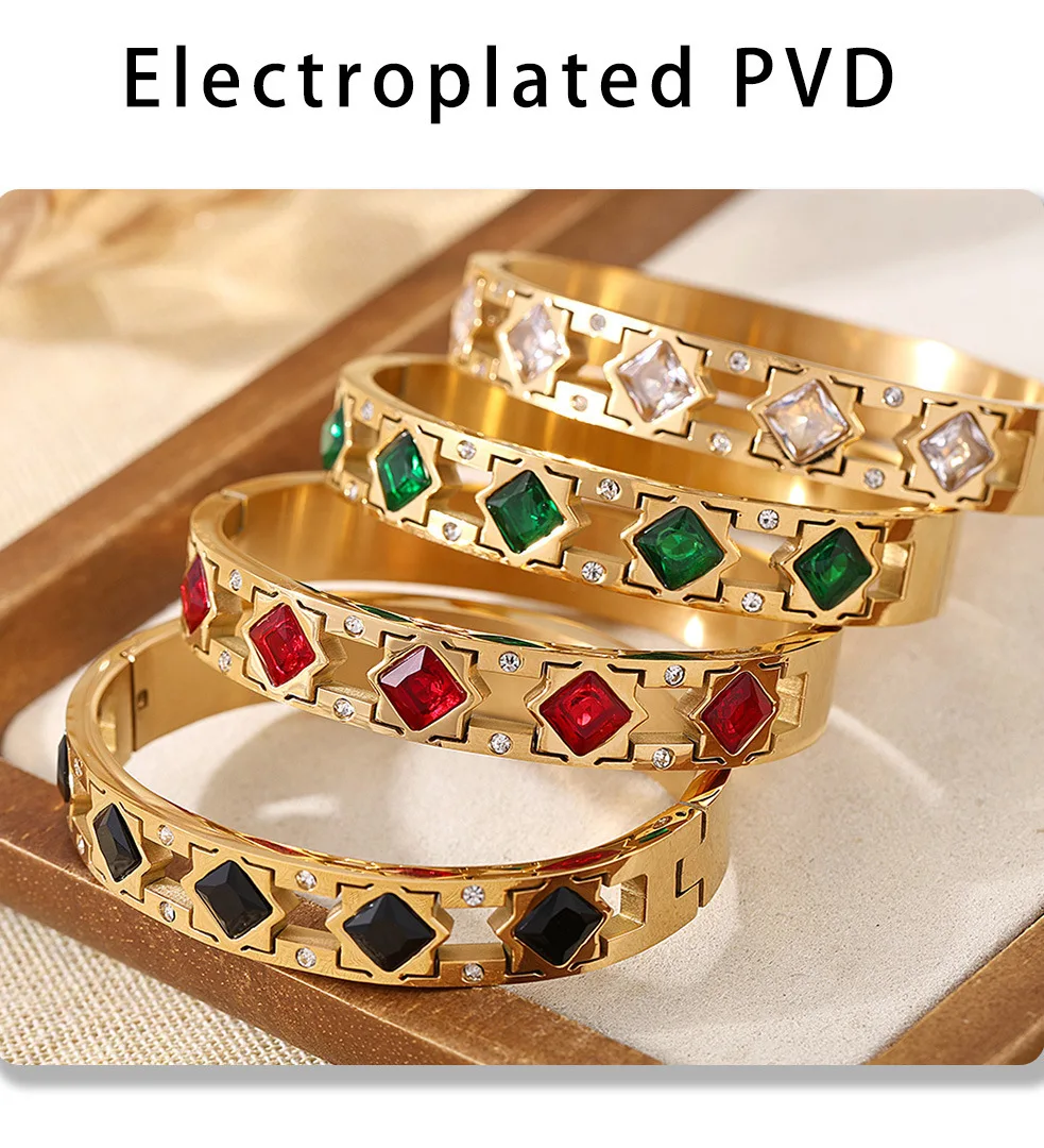 Vintage-Armband für Frauen, kein Rost, vergoldet, Edelstahl, quadratisch, rotes Glas, Armreif, Charm, Luxus-Schmuck, Geschenk – Detail 9