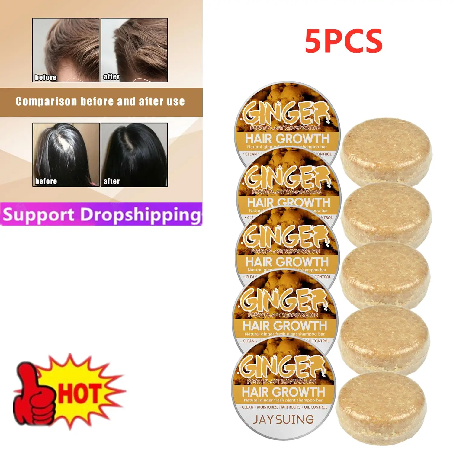 5PCS Anti Hair Loss Ginger Shampoo Thick Moisturizing Shampoo Bar Hair Scalp Massage Conditioning Shampoo Bar