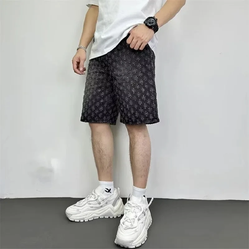 Fashion Casual Summer Light Blue Distressed Men Denim Shorts Smart Straight Leg Loosen Male High Street Niche Design Tide Shorts 6